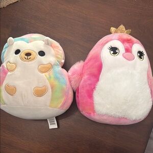 Squishmallows rainbow and Cream hedgehog and Pink Penguin Stuffed Animals Set